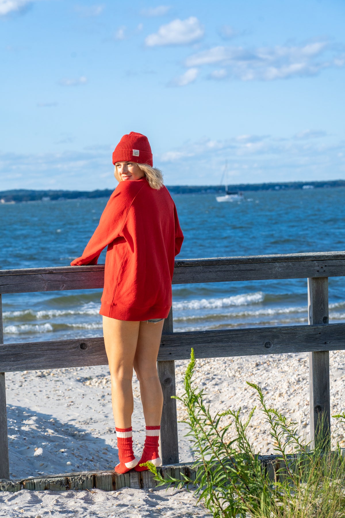 Amagansett Beach Upcycled Terry Cotton Sweater - Cherry Red